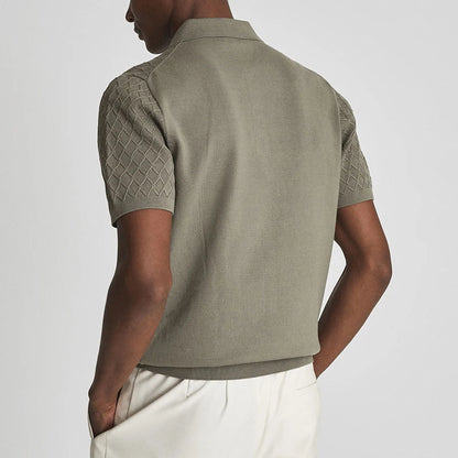 Olive Herringbone Knit Polo Shirt